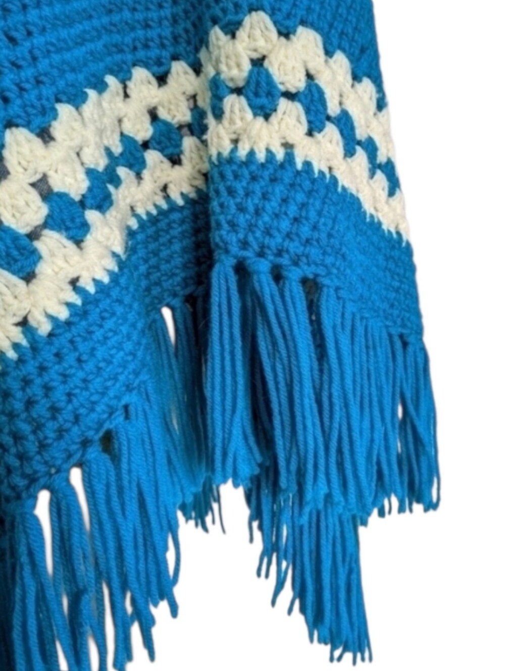 Handcrafted Chunky Crochet Knit Poncho Cape with Pom Poms in Blue and Cream NWT - Picture 7 of 8